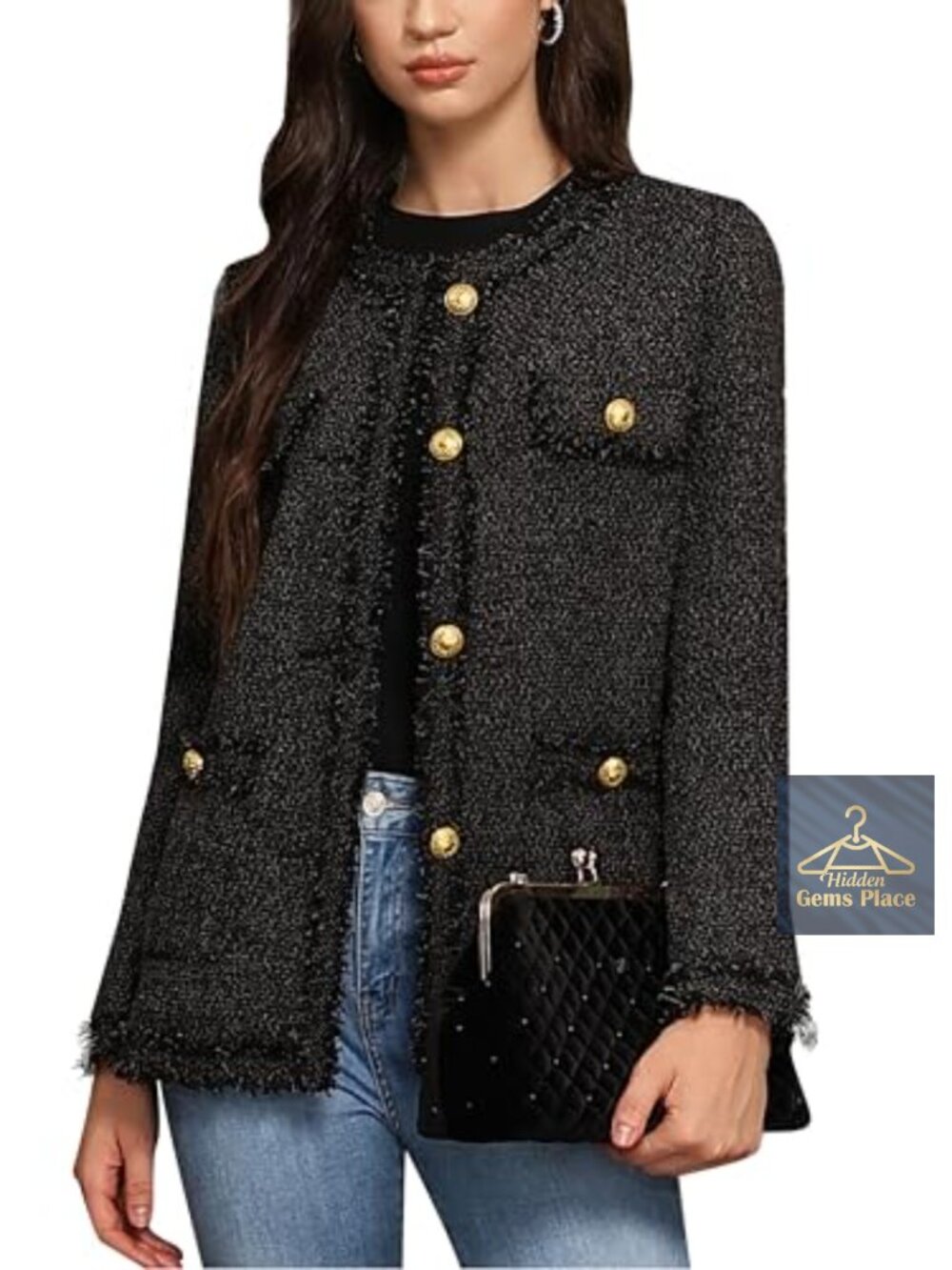 Women's Tweed Collarless Long Blazer Jacket with Pockets